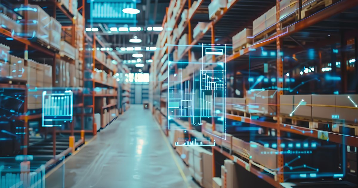 Smart warehouse management system using augmented reality technology to identify package picking and delivery . Future concept of supply chain and logistic business